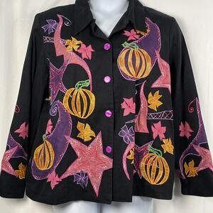 Halloween Women's XL Blazer Jacket Black Witchy‎ Art Hocus Pocus Metallic Thread